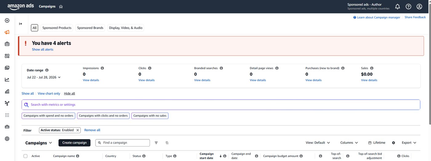 Amazon Ads console dashboard showing the left navigation menu where Amazon Attribution is located