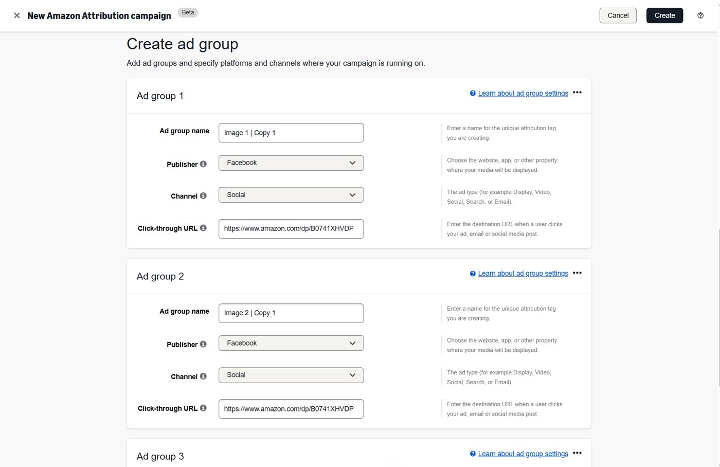 Amazon Attribution ad group setup with three separate ad groups for three different ad images