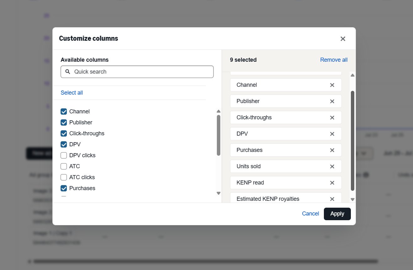 Amazon Attribution column customisation showing which conversion metrics to enable