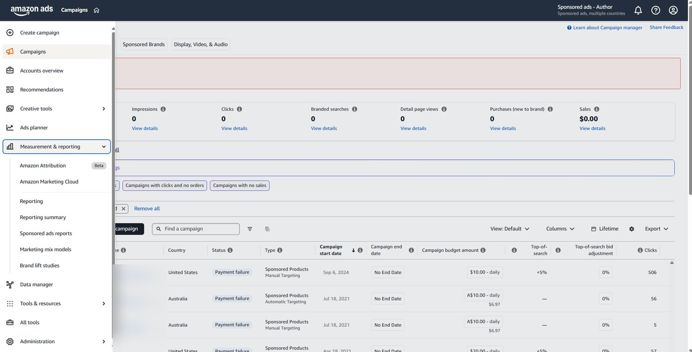 Amazon Ads left navigation menu showing Measurement and Reporting expanded with the Amazon Attribution beta option