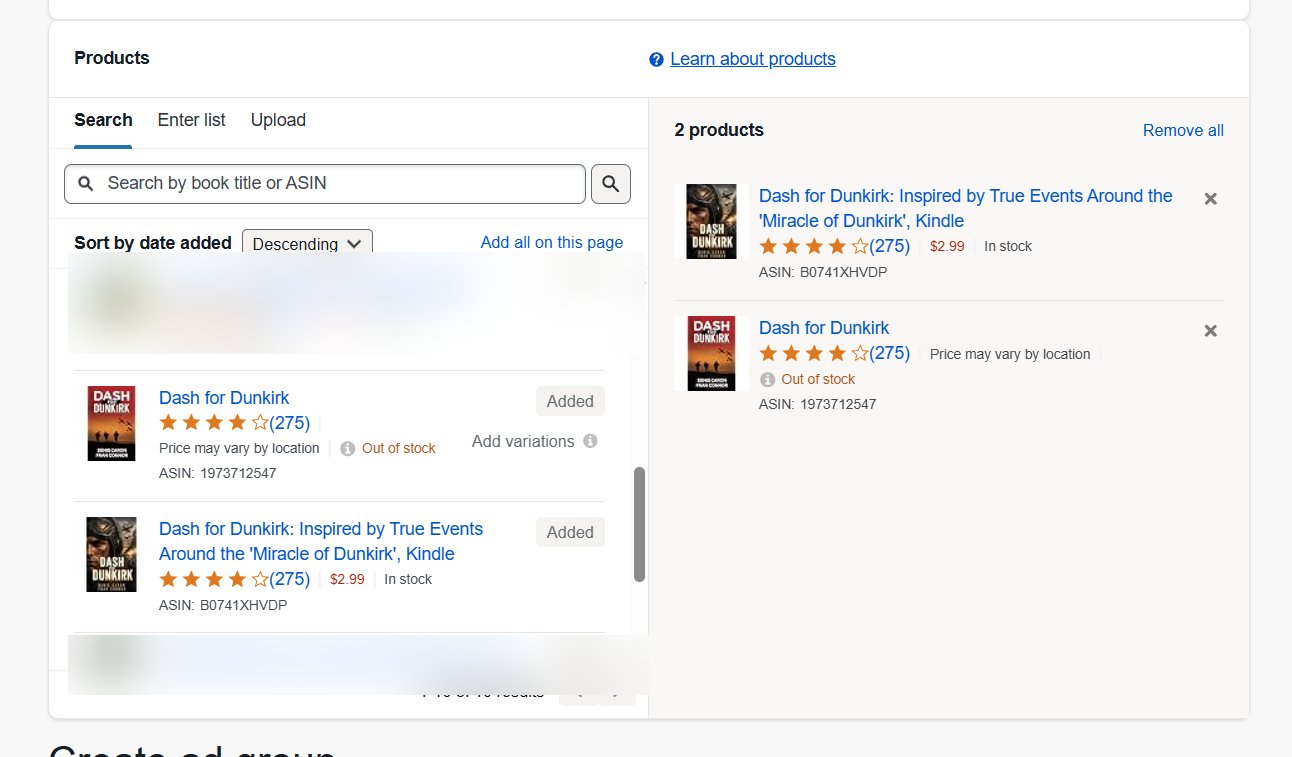 Amazon Attribution product selection showing ebook and paperback formats both selected for tracking