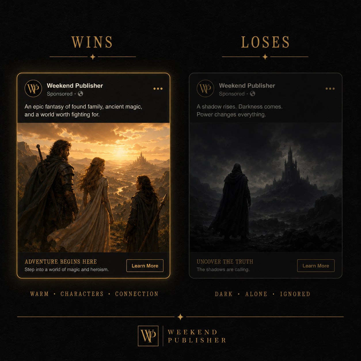 Facebook ad creative for fantasy novels: a warm-toned image with multiple characters wins; a dark, single-figure image loses.