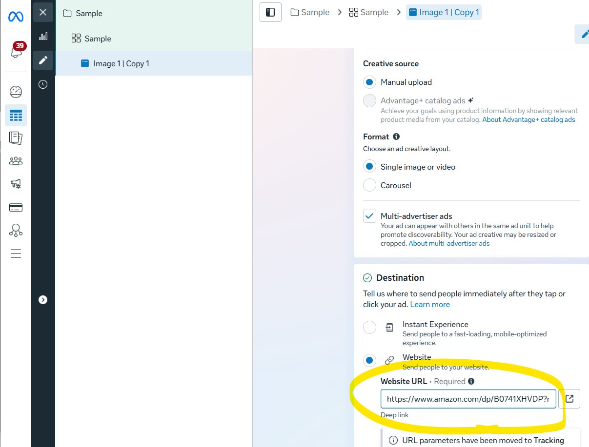 Facebook Ads Manager showing an Amazon Attribution tracking link pasted into the website URL field