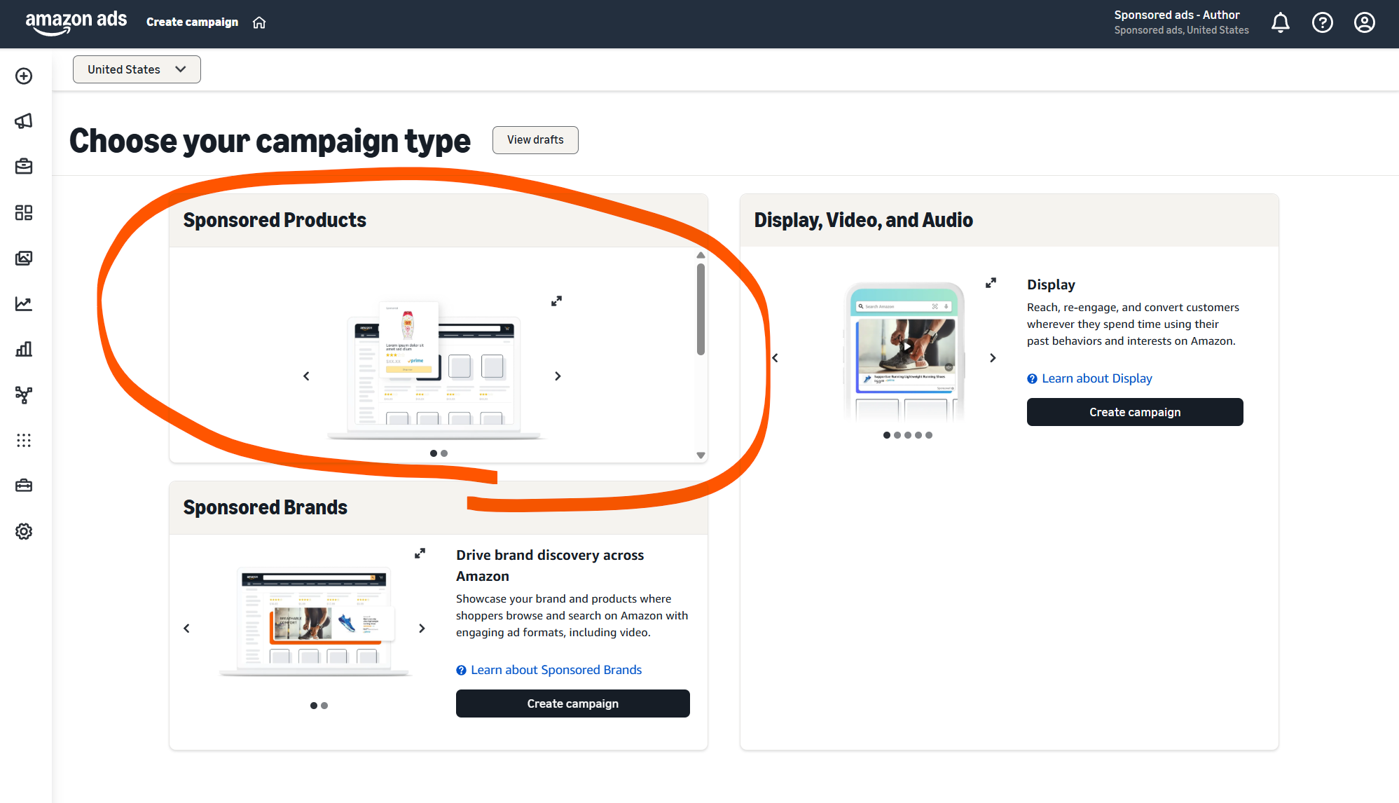 Choosing Sponsored Products as the campaign type for Amazon book ads